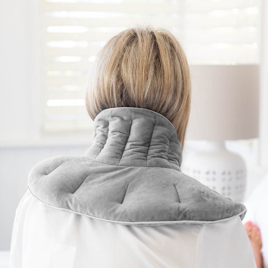 back of a grey Aroma Neck and Shoulder Wrap