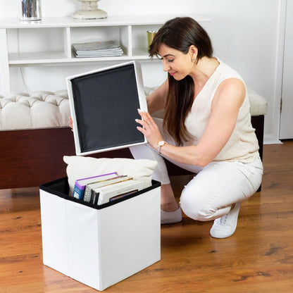 Woman opening the White Collapsible Ottoman