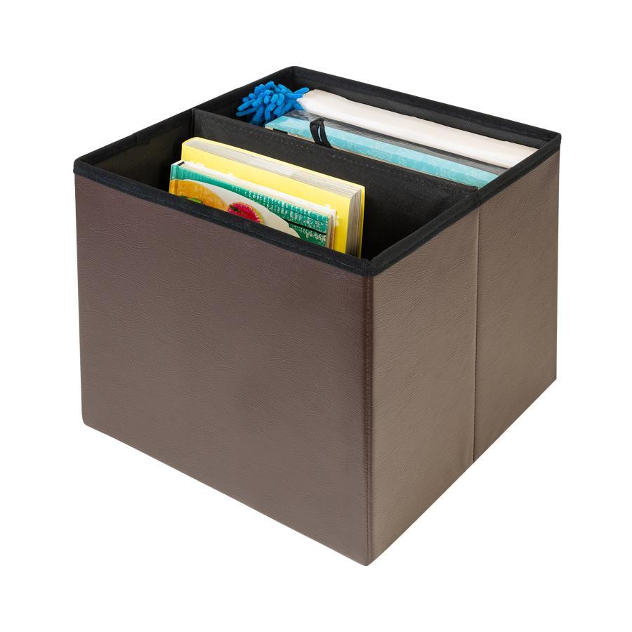 Open Brown Collapsible Ottoman with books inside
