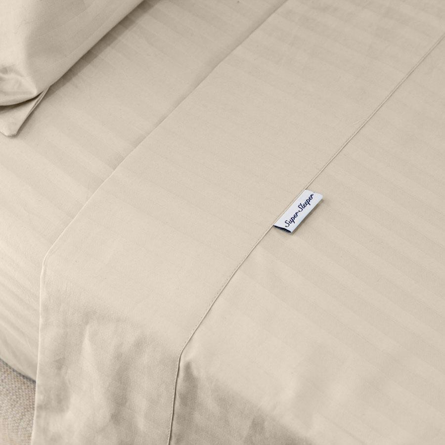 Super Sleeper Pro Tag on Beige Cotton Sheets
